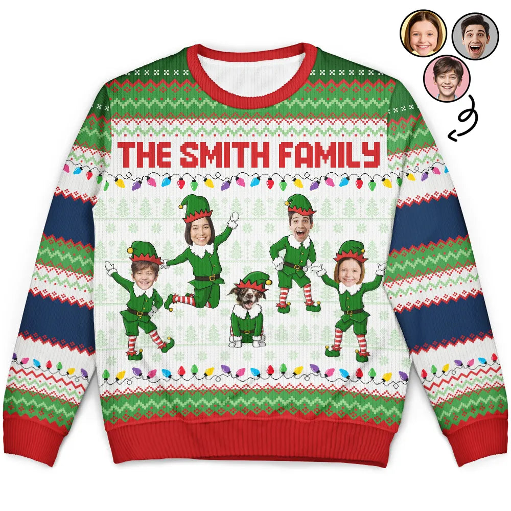 Custom Photo Funny Christmas Elf Family Face Cut - Personalized Unisex Ugly Sweater