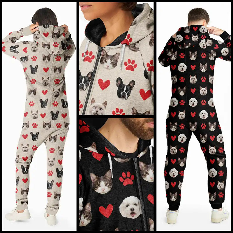 Cat Lovers, Pet Lovers, Dog Lovers, Dog Mom, Dog Dad, Cat Mom, Cat Dad, Happy - Custom Photo Funny Dog Cat Pet - Personalized Overall Onesie Hooded Jumpsuit