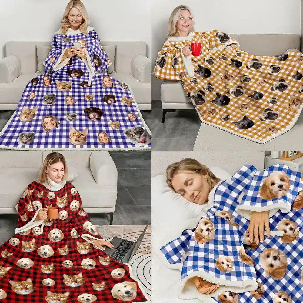 Pet Lovers,Happy,Custom Photo - Custom Photo Funny Dog Cat Pet Human Face - Personalized Wearable Blanket With Sleeves