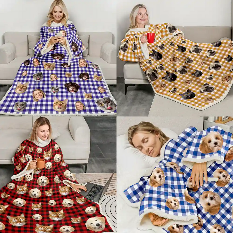 Pet Lovers,Happy,Custom Photo - Custom Photo Funny Dog Cat Pet Human Face - Personalized Wearable Blanket With Sleeves