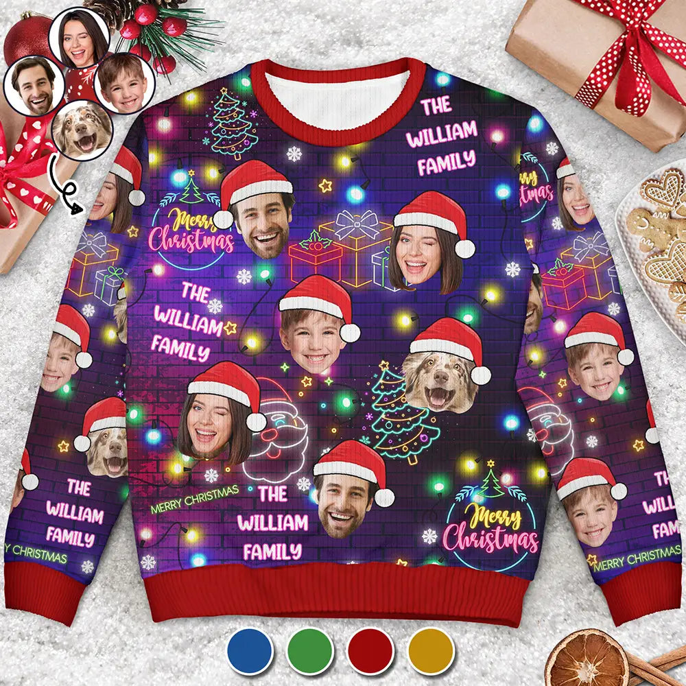 Custom Photo Funny Family Pet Face Neon Light Style - Personalized Unisex Ugly Sweater