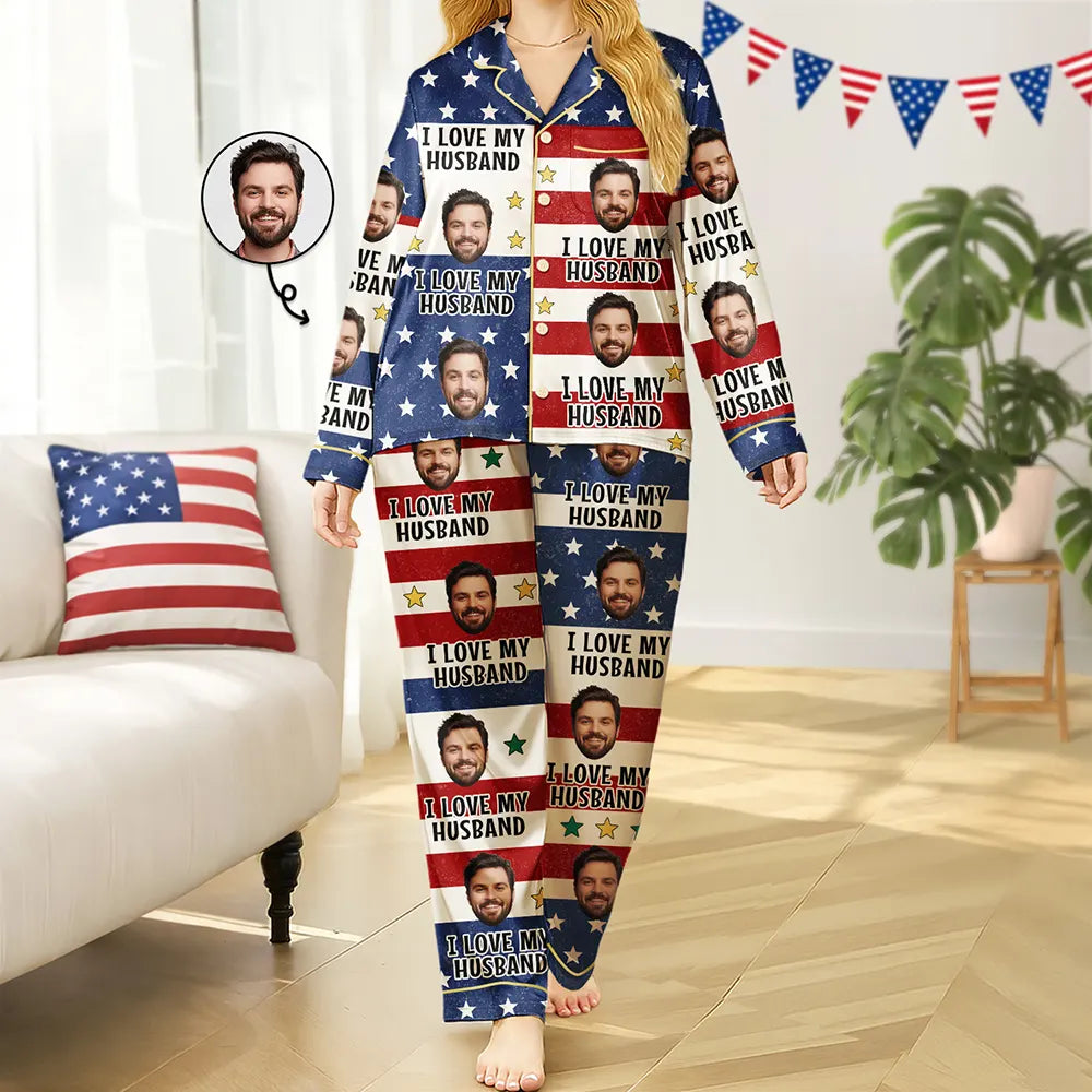 Custom Photo Funny I Love My Husband US Flag - Personalized Satin Pajama Set