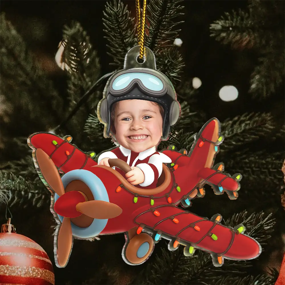 Gift For Kids,Gift For Grandkids,Photo Hobby Ornament,Custom Photo,Funny,Christmas - Custom Photo Funny Kid Face Airplane - Personalized Acrylic Photo Ornament