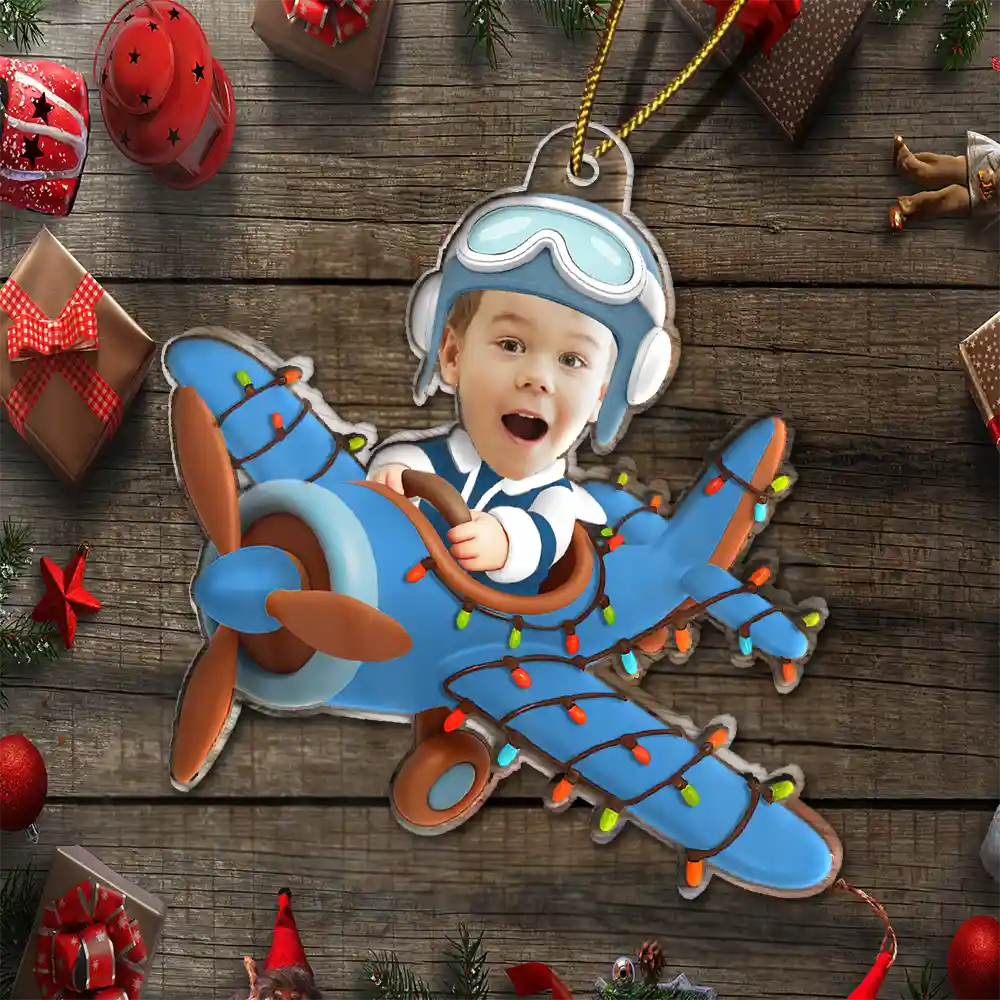 Gift For Kids,Gift For Grandkids,Photo Hobby Ornament,Custom Photo,Funny,Christmas - Custom Photo Funny Kid Face Airplane - Personalized Acrylic Photo Ornament