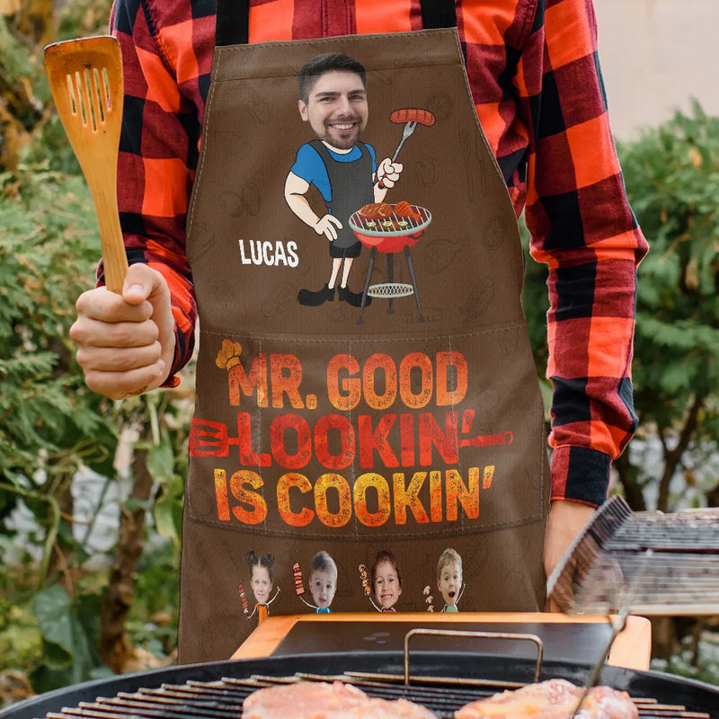 Custom Photo,Gift For Father,Grilling,Dad - Children,Non-Eng,Photo,Icon,Humorous - Custom Photo Funny Mr Good Lookin' Is Cookin' - Personalized Apron