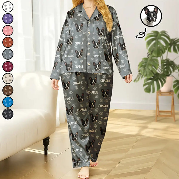 Dog Lovers,Pet Lovers,Cat Lovers,Cat Mom,Dog Mom,Pet Mom,Happy - Custom Photo Funny Pet Face Pattern Dog Cat - Personalized Satin Pajama Set