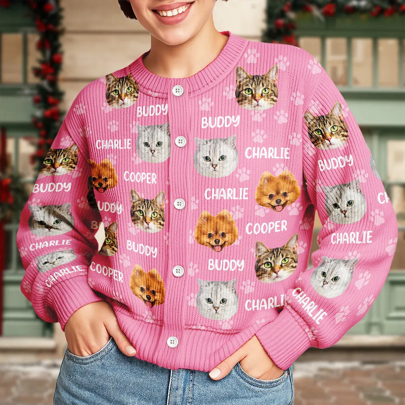 Cat Lovers, Pet Lovers, Dog Lovers, Dog Mom, Cat Mom, Happy - Custom Photo Funny Pet Face Pattern Dog Cat Family - Personalized Cardigan