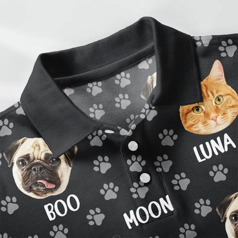 Cat Lovers,Pet Lovers,Dog Lovers,Dog Mom,Dog Dad,Cat Mom,Cat Dad,Happy - Custom Photo Funny Pet Face Pattern Dog Cat Family - Personalized Polo Shirt