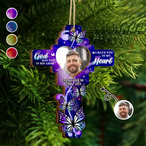 Custom Photo God Has You In His Arms - Personalized 2-Layered Wooden Ornament