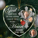 Memorial, Family, Parents, Gift For Grandparents, Sad, Christmas - Custom Photo God Has You In His Arms Memorial - Personalized Heart Shaped Glass Ornament