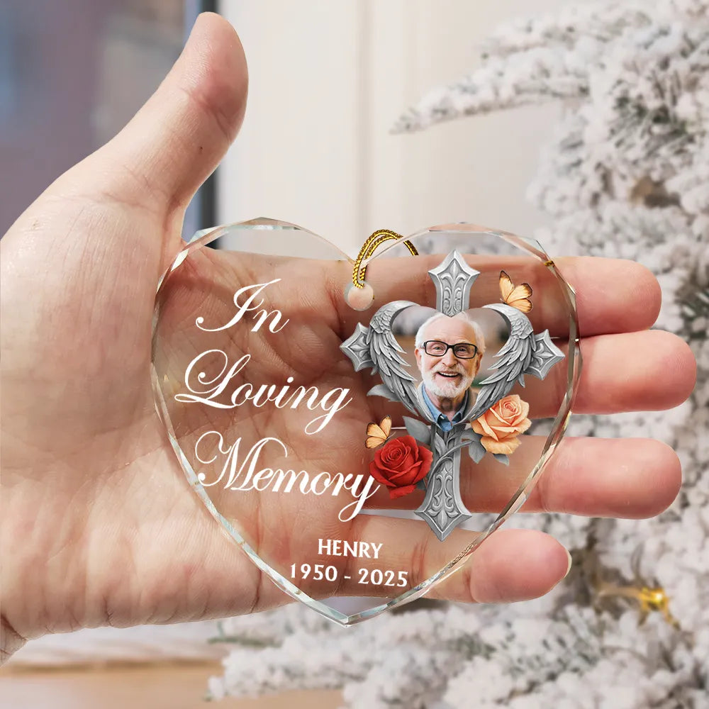 Custom Photo God Has You In His Arms Memorial - Personalized Heart Shaped Glass Ornament
