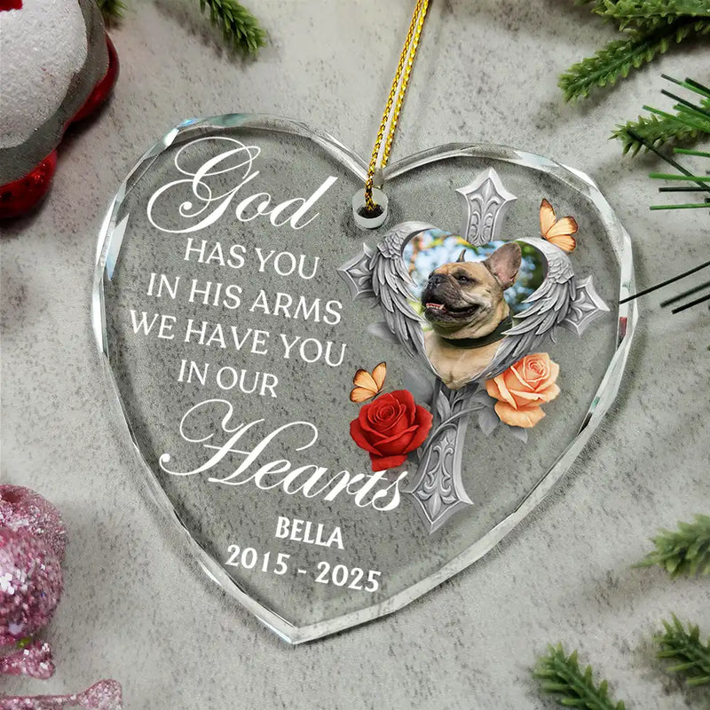 Memorial, Family, Parents, Gift For Grandparents, Sad, Christmas - Custom Photo God Has You In His Arms Memorial - Personalized Heart Shaped Glass Ornament