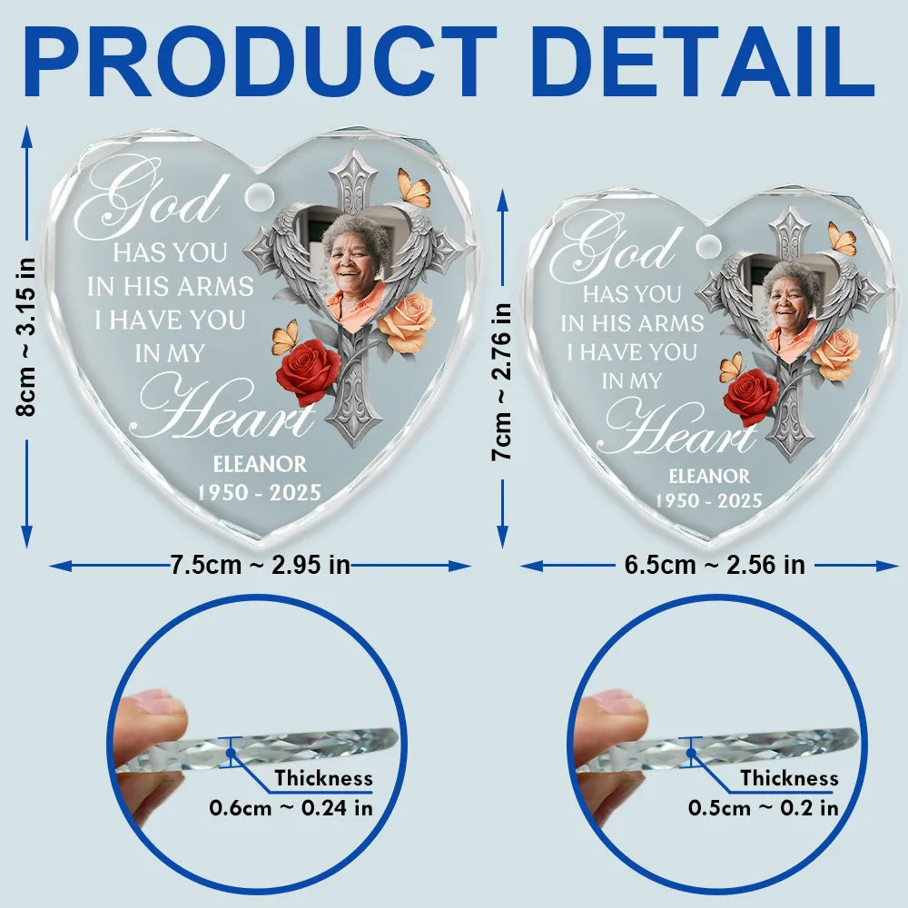 Memorial, Family, Parents, Gift For Grandparents, Sad, Christmas - Custom Photo God Has You In His Arms Memorial - Personalized Heart Shaped Glass Ornament