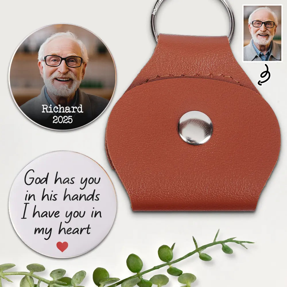 Custom Photo God Has You In His Arms Memorial - Personalized Leather Pocket Hug