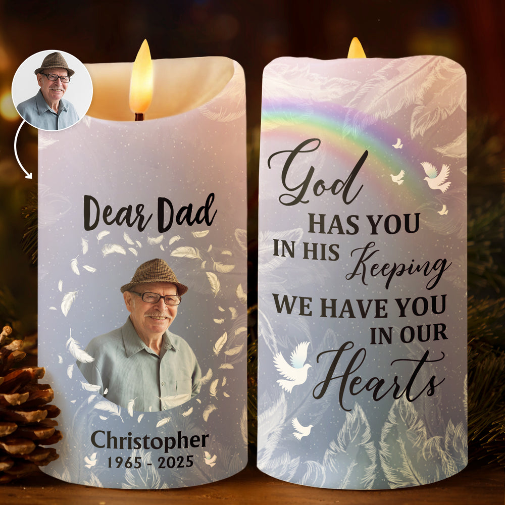 Custom Photo God Has You In His Keeping We Have You In Our Hearts - Personalized Flameless LED Candle