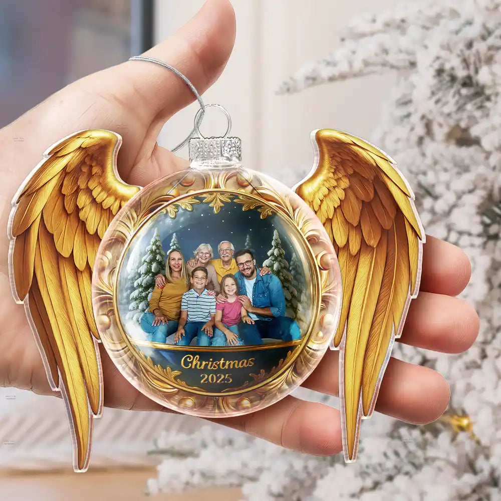 Memorial, Family, Custom Photo, Love, Christmas - Custom Photo Golden Wings Memorial Always Missed Forever Loved - Personalized Custom Shaped Glass Ornament