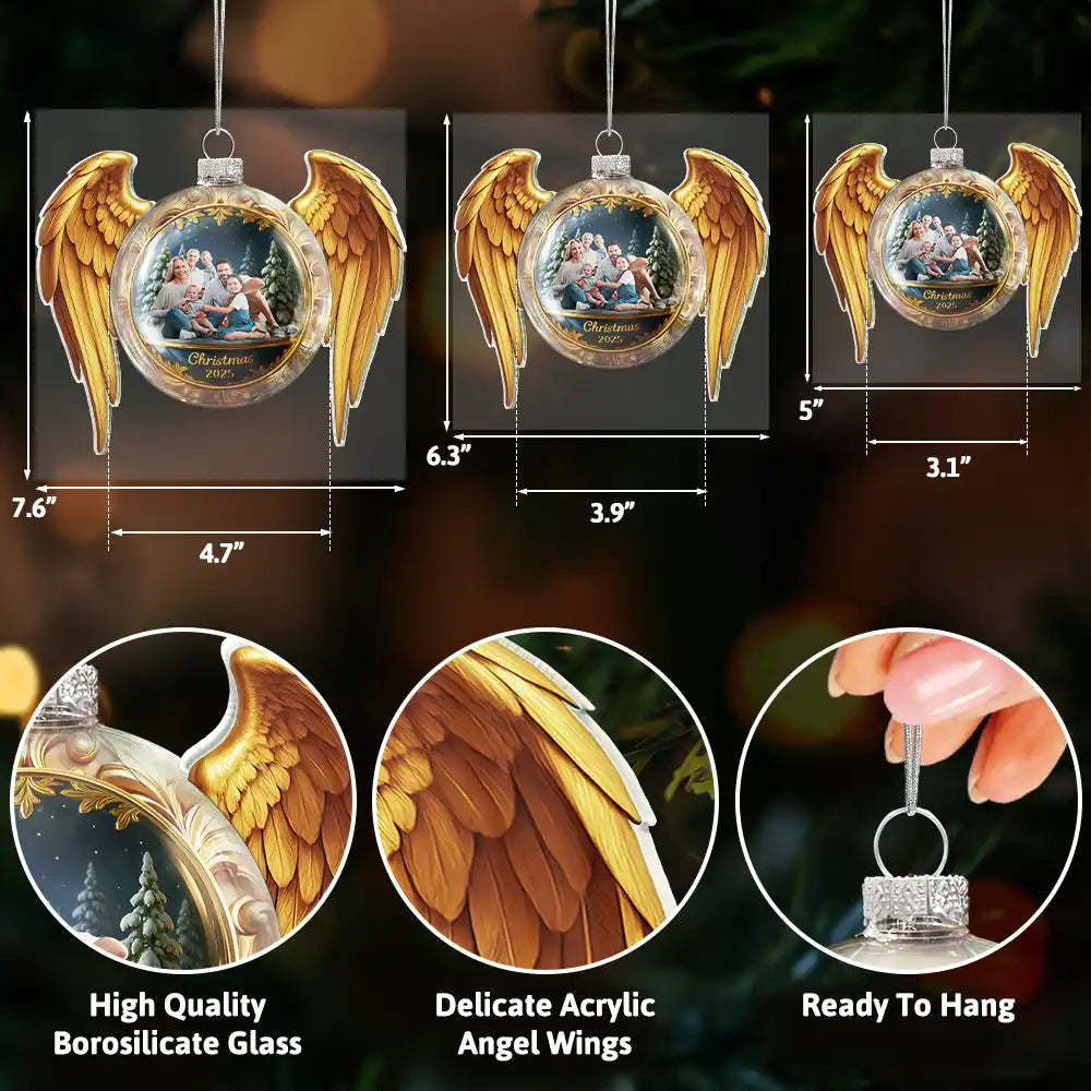 Memorial, Family, Custom Photo, Love, Christmas - Custom Photo Golden Wings Memorial Always Missed Forever Loved - Personalized Custom Shaped Glass Ornament
