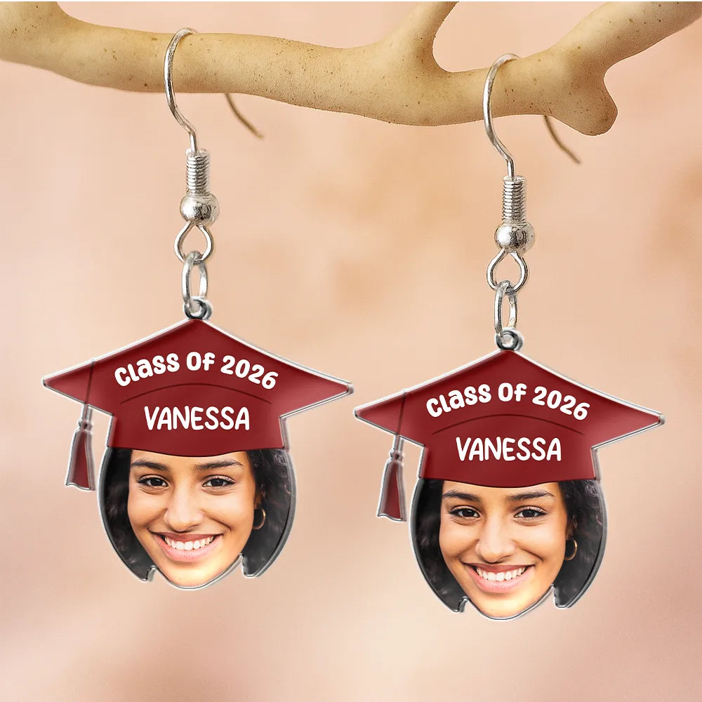 Graduation,Gift For Yourself,Gift For Women,Gift For Daughter,Gift For Sisters,Gift For Bestie - Custom Photo Graduation Hat With Funny Face - Personalized Acrylic Earrings