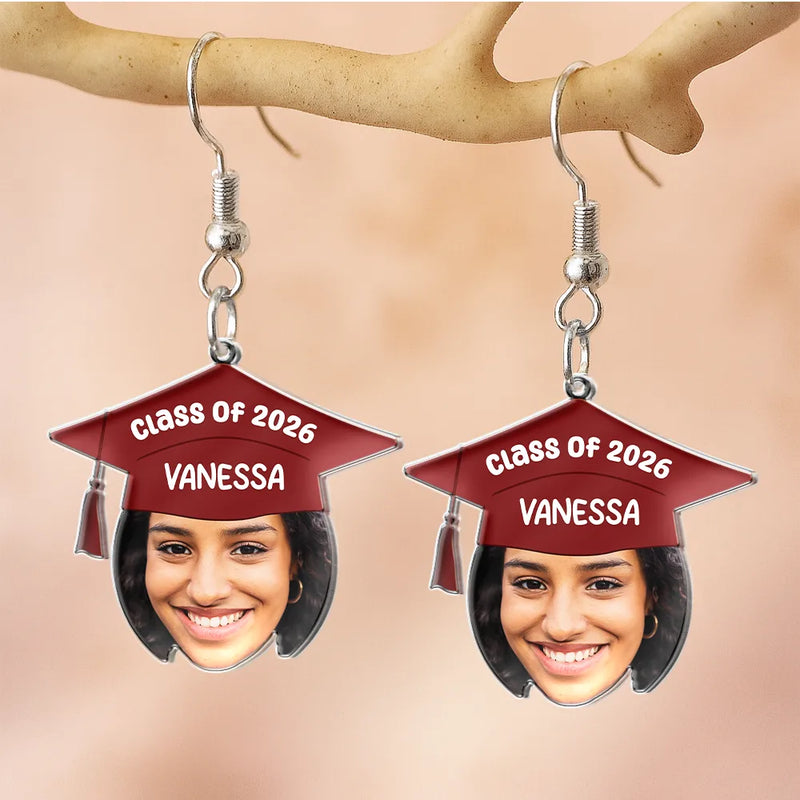 Graduation,Gift For Yourself,Gift For Women,Gift For Daughter,Gift For Sisters,Gift For Bestie - Custom Photo Graduation Hat With Funny Face - Personalized Acrylic Earrings