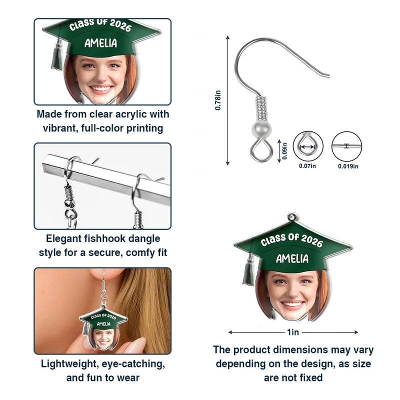 Graduation,Gift For Yourself,Gift For Women,Gift For Daughter,Gift For Sisters,Gift For Bestie - Custom Photo Graduation Hat With Funny Face - Personalized Acrylic Earrings