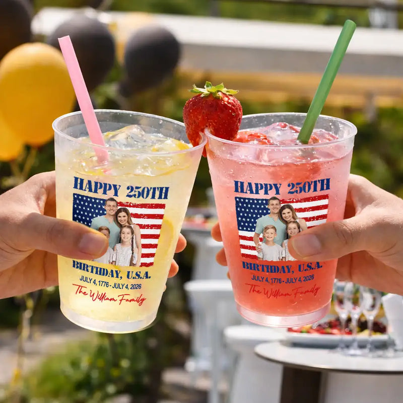 Independence Day,Family,America 250th,Photo,Proud - Custom Photo Happy 250th Birthday USA Family Name - Personalized Frosted Cups