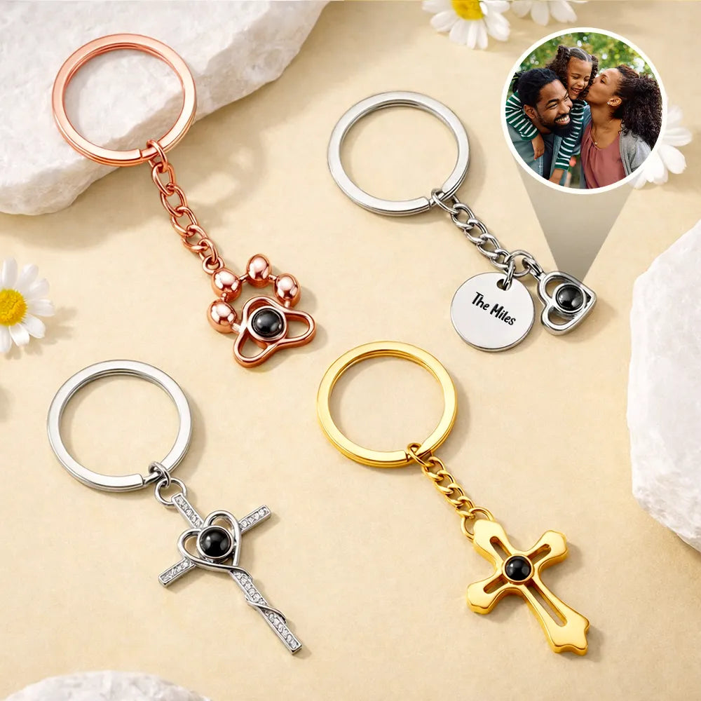 Family,Gift For Husband,Gift For Wife,Gift For Aunt,Gift For Uncle,Gift For Mother,Gift For Grandpa,Gift For Father,Gift For Grandma,Gift For Grandparents,Gift For Daughter,Gift For Son,Gift For Sibling,Gift For Sisters,Gift For Brothers - Custom Photo Happy Family Memories - Personalized Custom Shaped Photo Projection Keychain