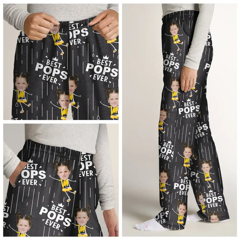 Gift For Grandpa,Gift For Father,Happy,Custom Photo - Custom Photo Happy Grandkids Best Papa Grandpa Ever Rain Pattern - Personalized Pajama Pants