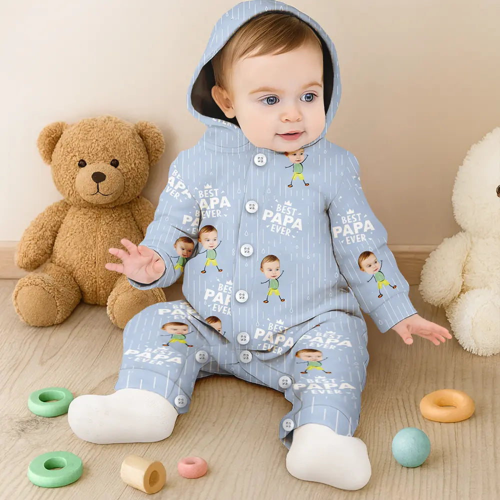 Gift For Mother,Gift For Father,Custom Photo,Happy - Custom Photo Happy Kids Best Dad Mom Ever Rain Pattern - Personalized Overall Onesie Hooded Jumpsuit