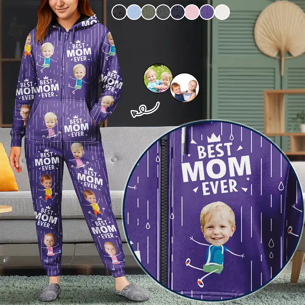 Gift For Mother,Gift For Father,Custom Photo,Happy - Custom Photo Happy Kids Best Dad Mom Ever Rain Pattern - Personalized Overall Onesie Hooded Jumpsuit