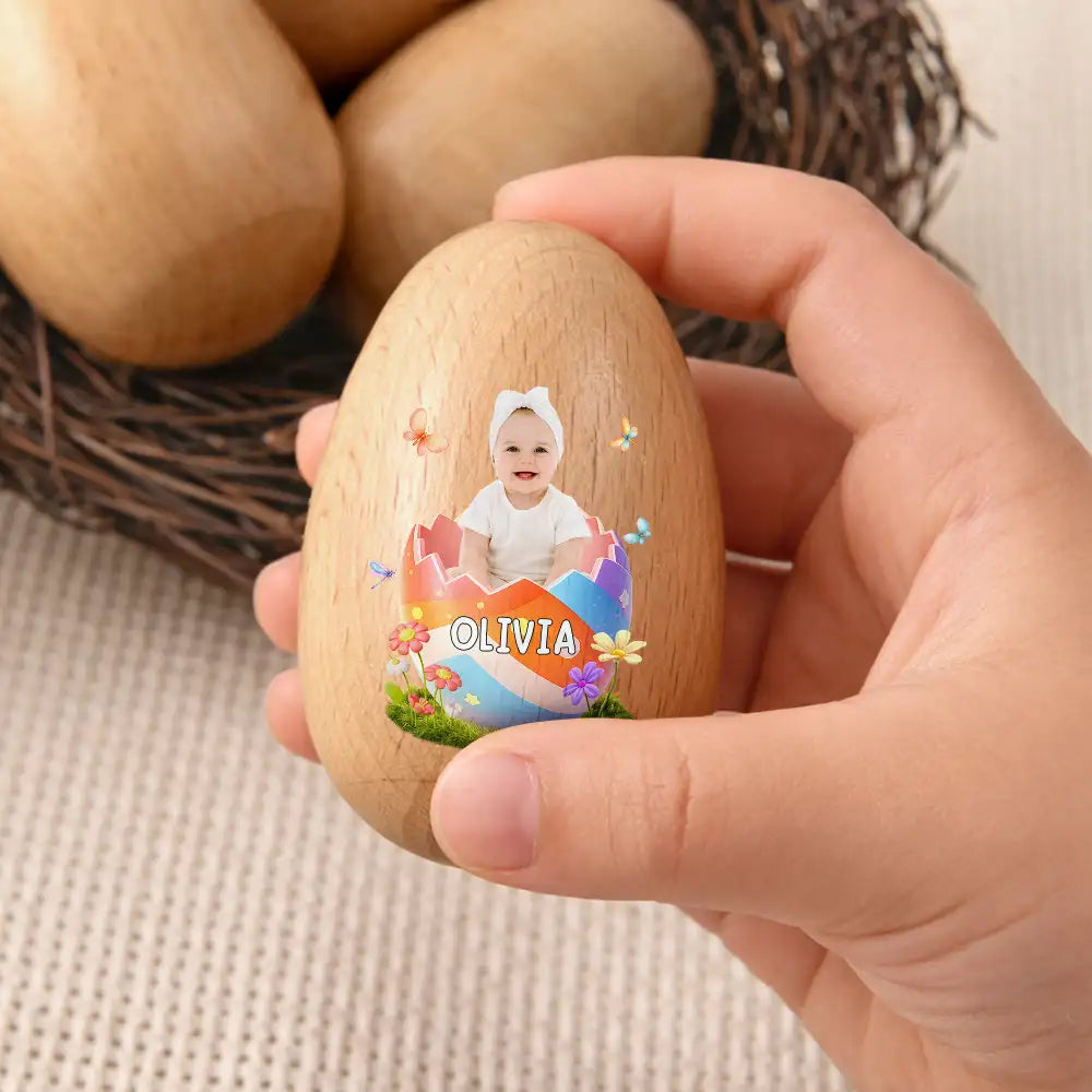 Easter,Non-Eng,Gift For Kids,Gift For Grandkids,Grandma - Grandkids,Grandpa - Grandkids,Dad - Children,Mom - Children,Happy - Custom Photo Hatching Easter Egg - Personalized Musical Wooden Easter Egg Shaker