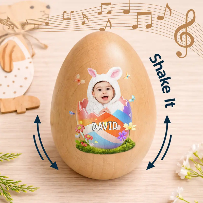 Easter,Non-Eng,Gift For Kids,Gift For Grandkids,Grandma - Grandkids,Grandpa - Grandkids,Dad - Children,Mom - Children,Happy - Custom Photo Hatching Easter Egg - Personalized Musical Wooden Easter Egg Shaker