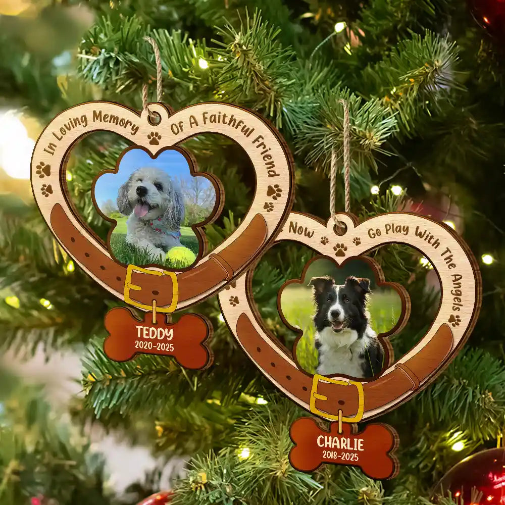 Christmas,Dog Lovers,Memorial,Sad - Custom Photo Heart-Shaped Dog Collar Keepsake - Personalized Custom Shaped Wooden Ornament