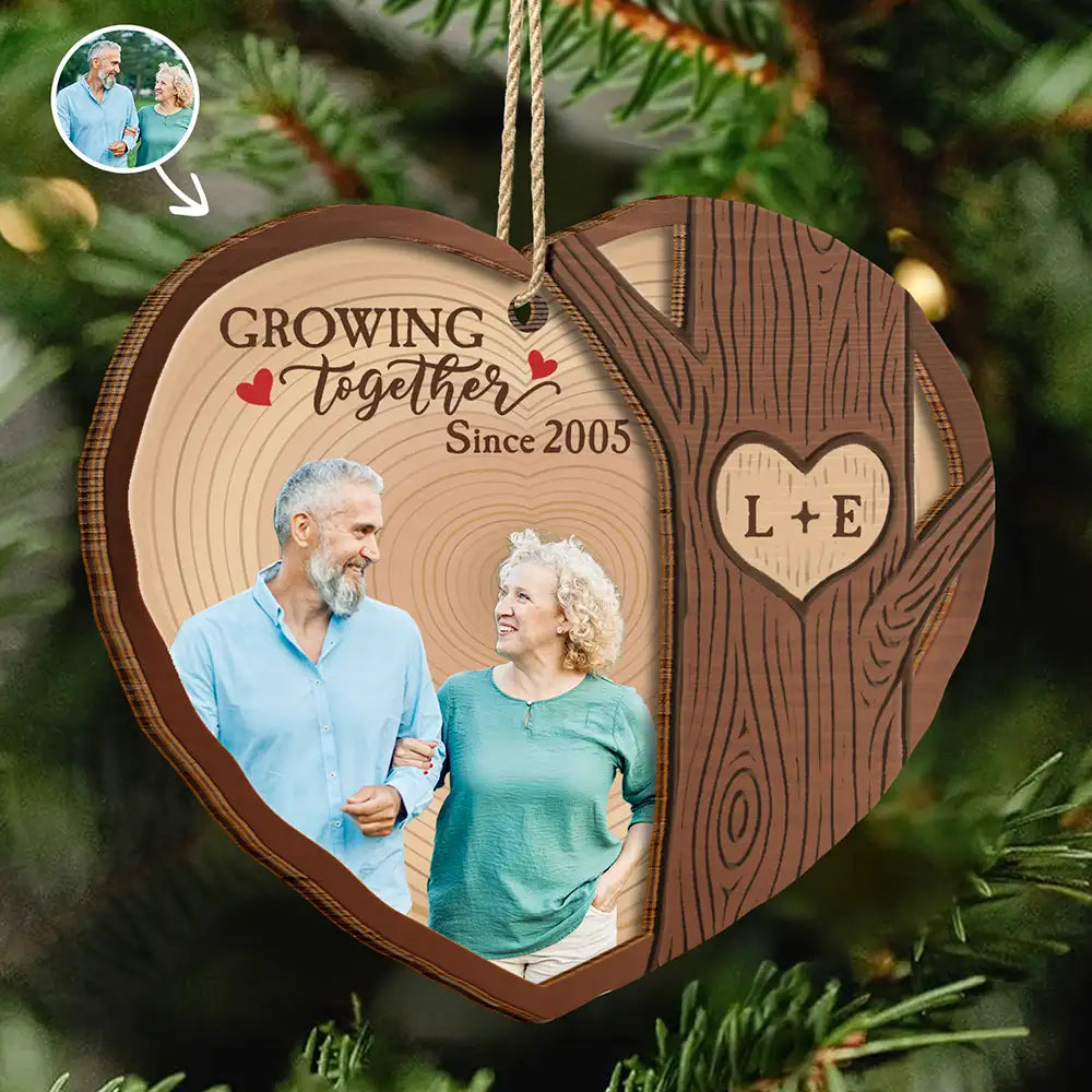 Custom Photo Heart Shaped Wood Slice Growing Together - Personalized 2-Layered Wooden Ornament