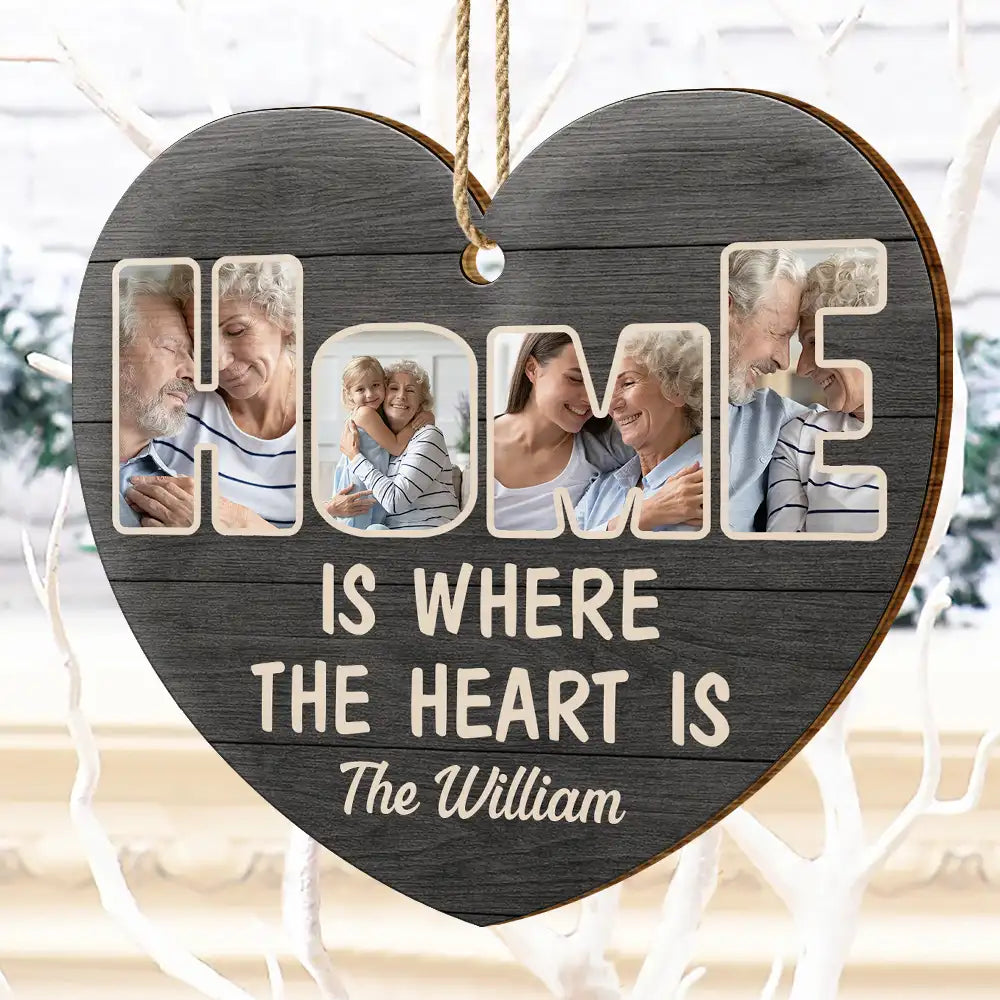 Family,Gift For Couples,Parents,Gift For Grandparents,Custom Photo,Christmas,Happy - Custom Photo Home Is Where The Heart Is - Personalized Custom Shaped Wooden Ornament