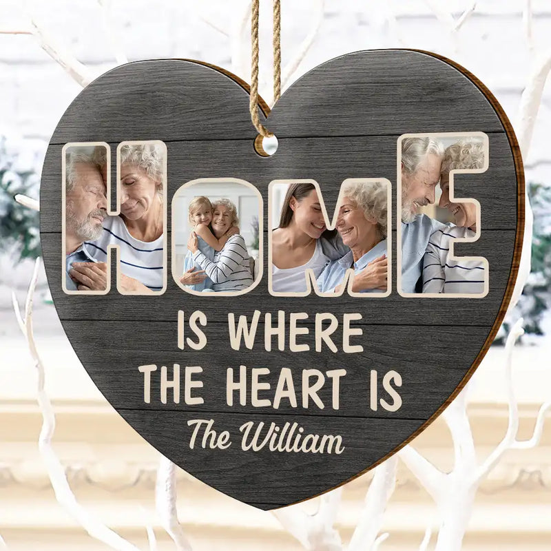 Family,Gift For Couples,Parents,Gift For Grandparents,Custom Photo,Christmas,Happy - Custom Photo Home Is Where The Heart Is - Personalized Custom Shaped Wooden Ornament