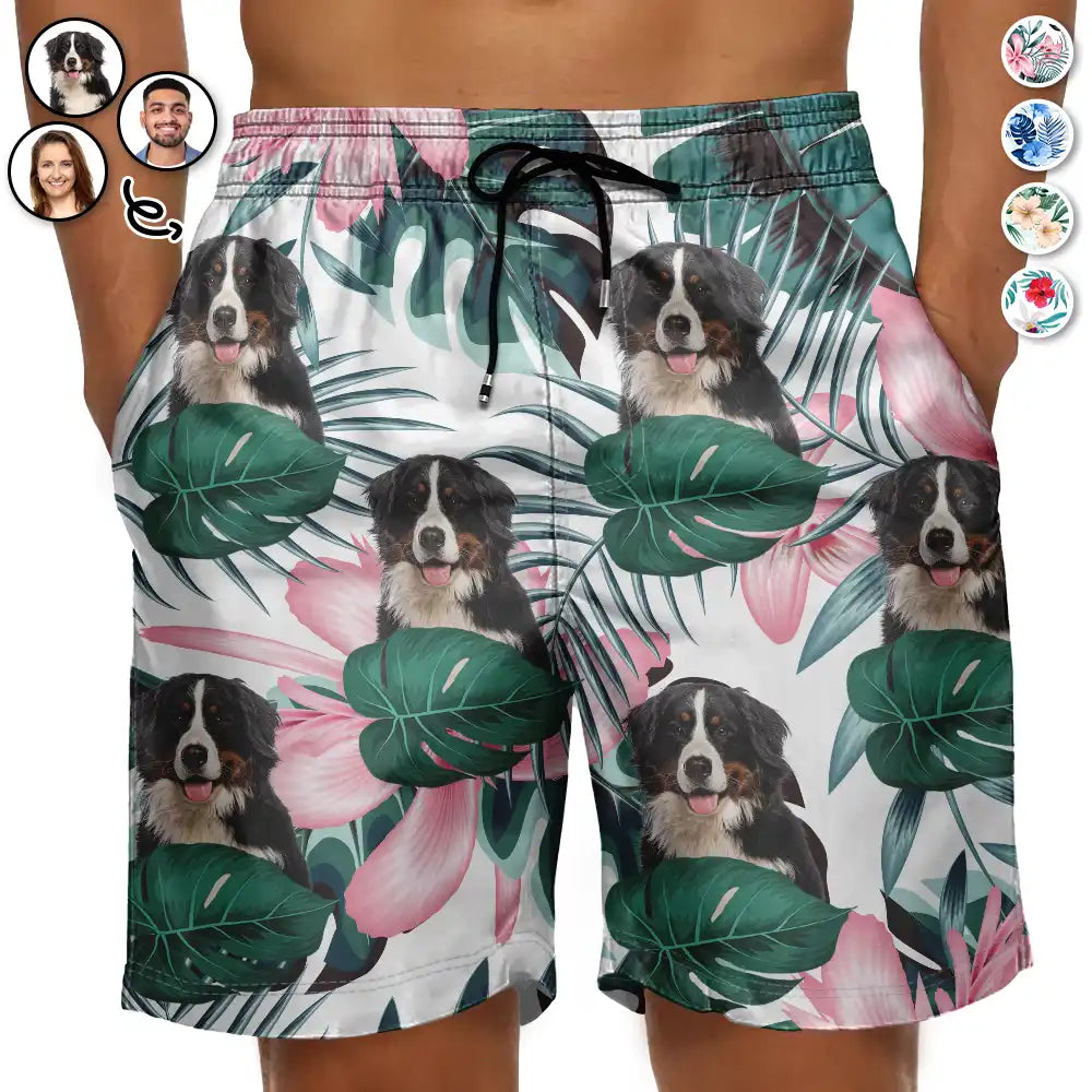 Gift For Yourself, Happy, Custom Photo - Custom Photo Human And Pet Face Tropical - Personalized Unisex Beach Shorts