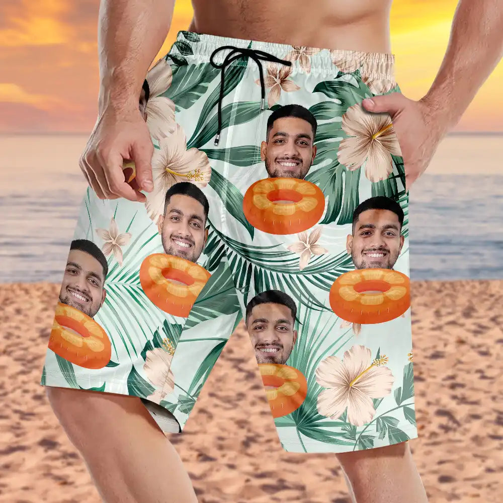 Gift For Yourself, Happy, Custom Photo - Custom Photo Human And Pet Face Tropical - Personalized Unisex Beach Shorts