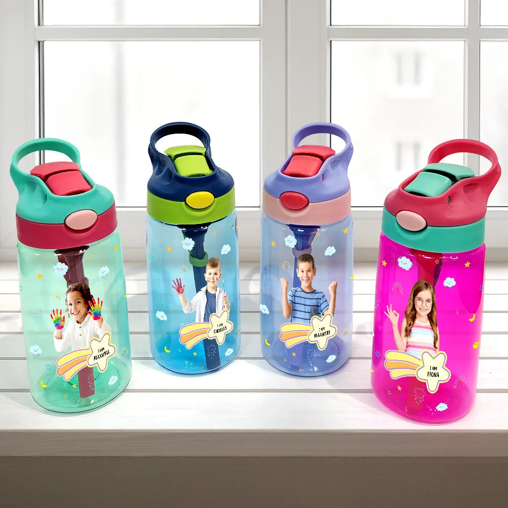 Gift For Kids, Back To School - Custom Photo I Am Affirmations - Personalized Kids Water Bottle With Straw