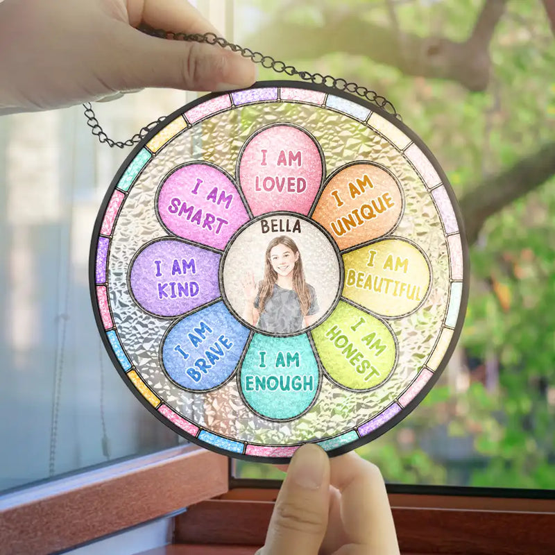 Custom Photo, Gift For Kids, Summer, Adorable, Remove BG Photo - Custom Photo I Am Smart Kind Brave Butterfly Flower Rainbow - Personalized Stained Glass Window Hanging Suncatcher