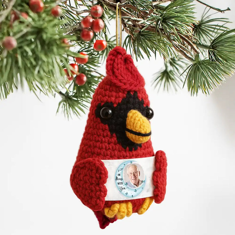 Family, Memorial, Sad, Christmas - Custom Photo I Love You To The Moon And Back - Personalized Crochet Cardinal Bird Hanging Decoration