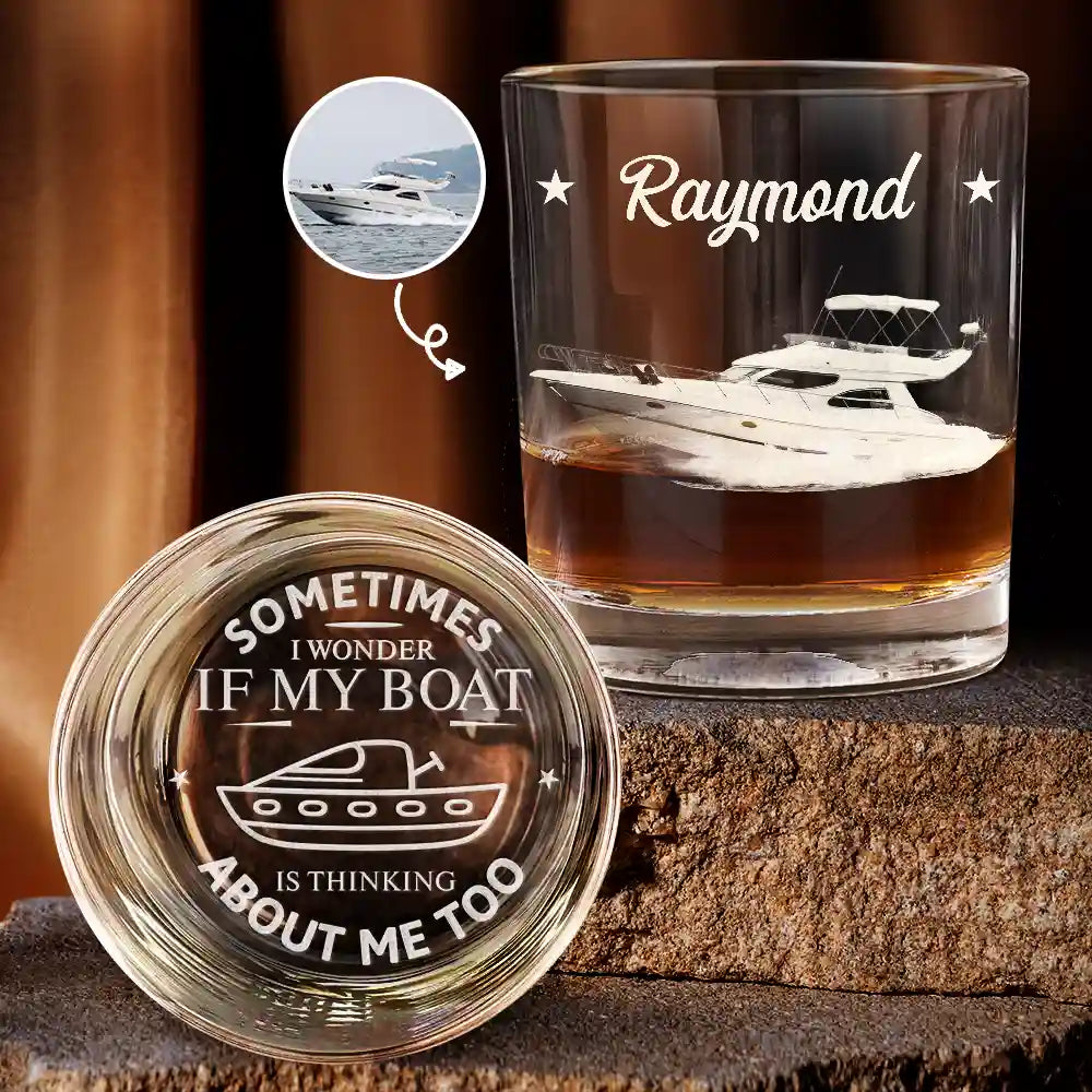 Gift For Boyfriend,Gift For Husband,Gift For Yourself,Happy,Gift For Men,Gift For Wife,Gift For Girlfriend,Gift For Women - Custom Photo I Wonder If My Boat - Personalized Engraved Whiskey Glass