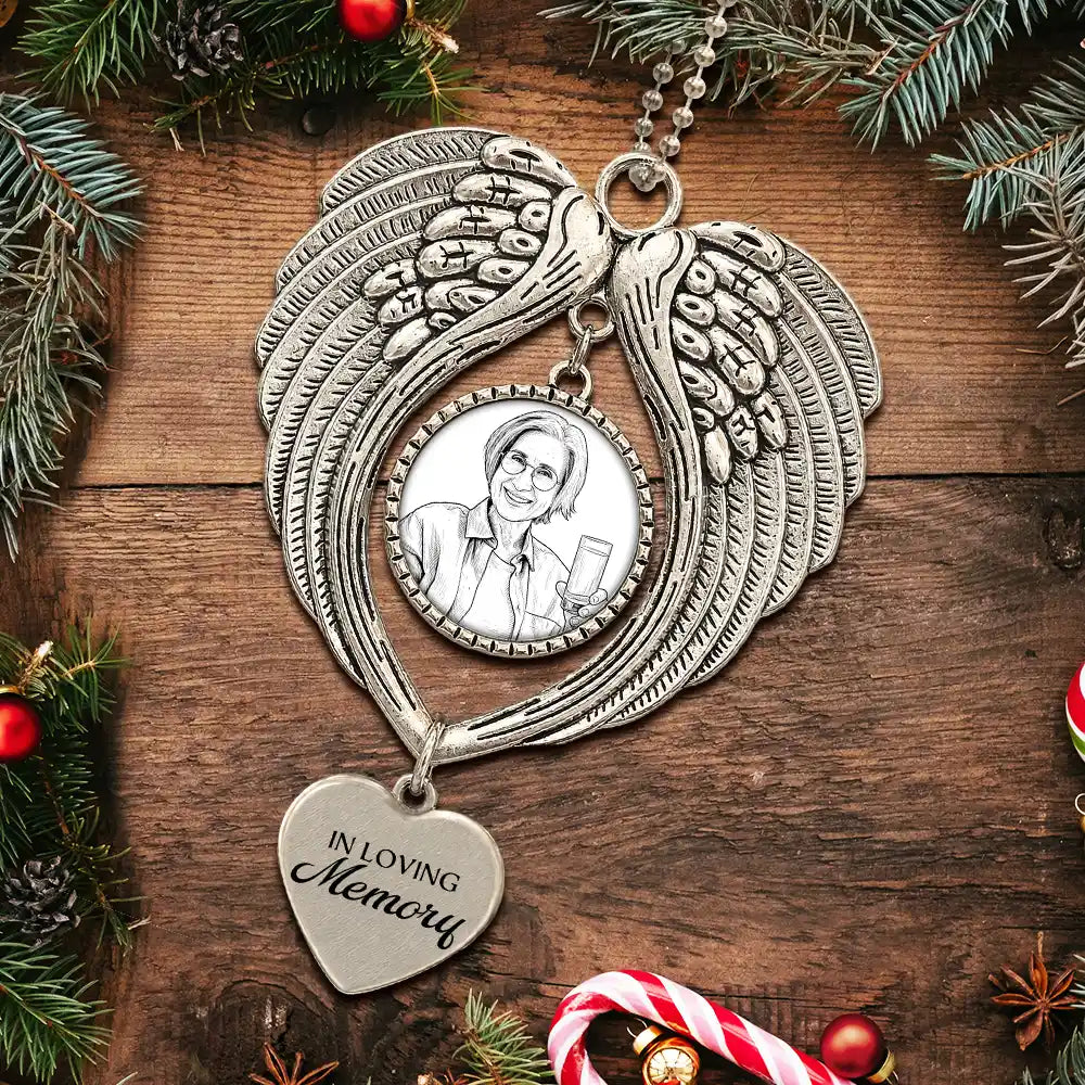Art Design,Christmas,Sympathetic,Family,Memorial,Photo - Ink Drawing - Custom Photo Ink Drawing Memorial Your Wings Were Ready - Personalized Angel Wings Photo Ornament