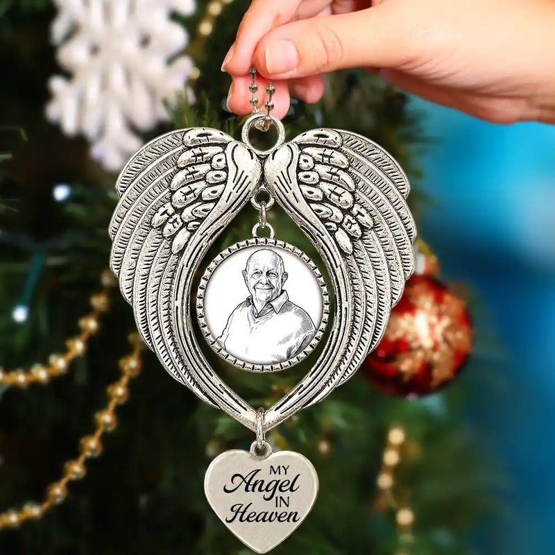 Art Design,Christmas,Sympathetic,Family,Memorial,Photo - Ink Drawing - Custom Photo Ink Drawing Memorial Your Wings Were Ready - Personalized Angel Wings Photo Ornament
