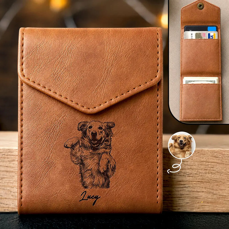 Custom Photo, Art Design, Pet Dad, Pet Lovers, Gift For Father, Adorable, Photo - Ink Drawing - Custom Photo Ink Drawing Portrait Dog Cat With Name - Personalized Leather Slim Wallet