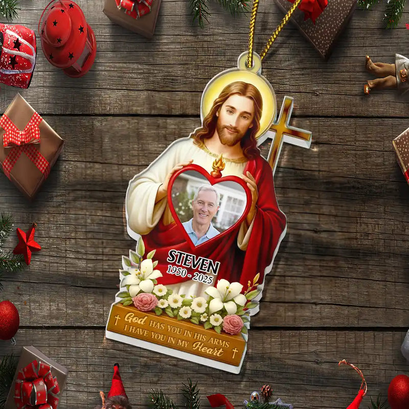 Christmas,Christian,Gift For Grandparents,Parents,Memorial - Custom Photo Jesus Hugs You In Heaven Memorial Keepsake - Personalized Custom Shaped Acrylic Ornament