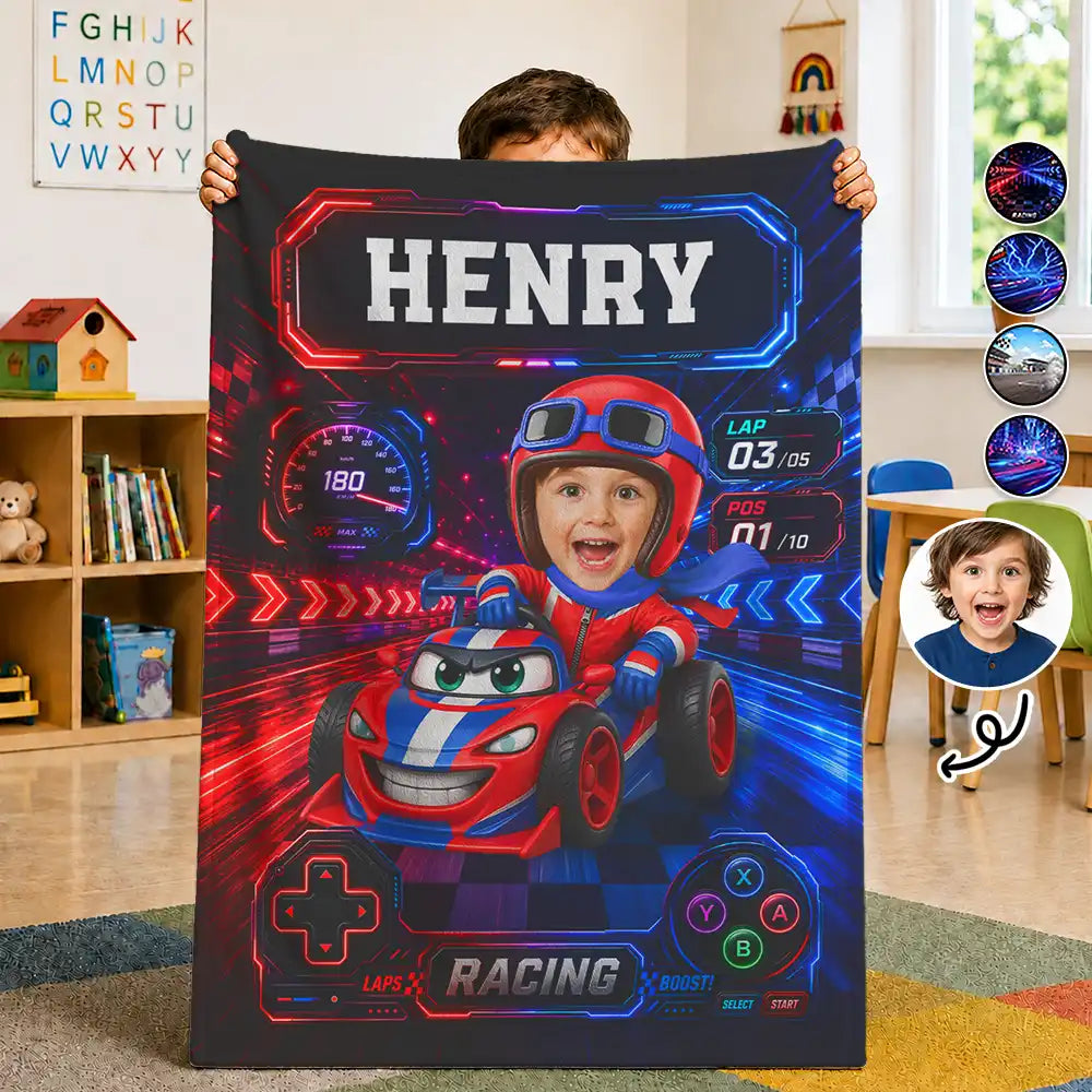 Custom Photo Kid Car Racing - Personalized Fleece Blanket, Sherpa Blanket