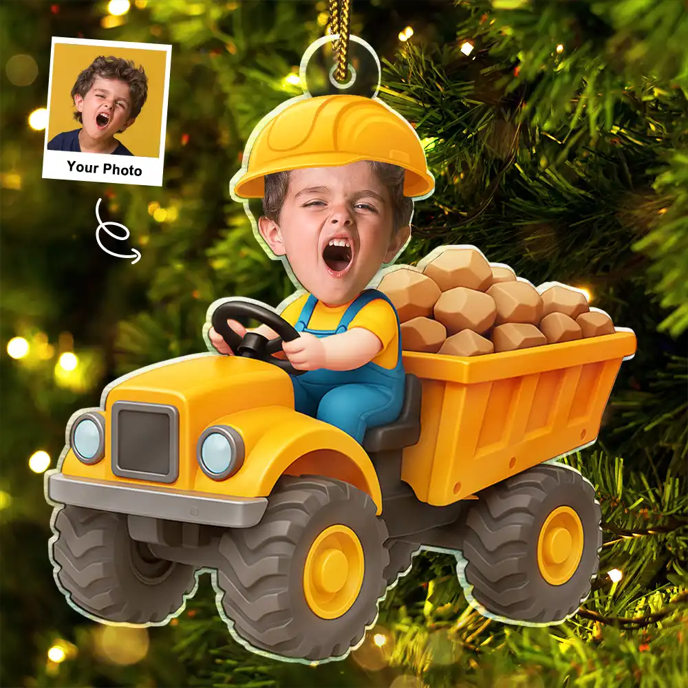 Gift For Kids,Gift For Grandkids,Photo Hobby Ornament,Custom Photo,Funny,Christmas - Custom Photo Kid Riding Construction - Personalized Acrylic Photo Ornament