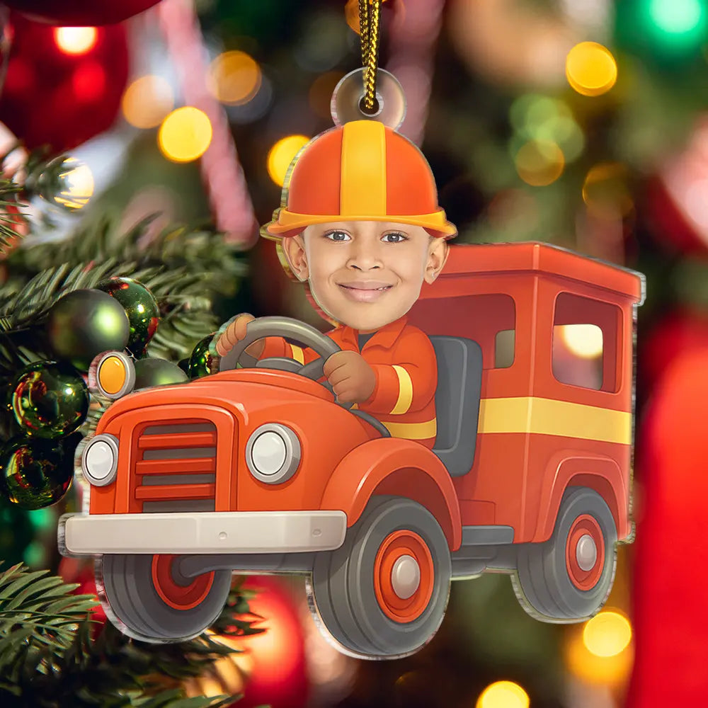Gift For Kids, Gift For Grandkids, Photo Hobby Ornament, Custom Photo, Funny, Cristmas - Custom Photo Kid Riding Fire Truck - Personalized Acrylic Photo Ornament