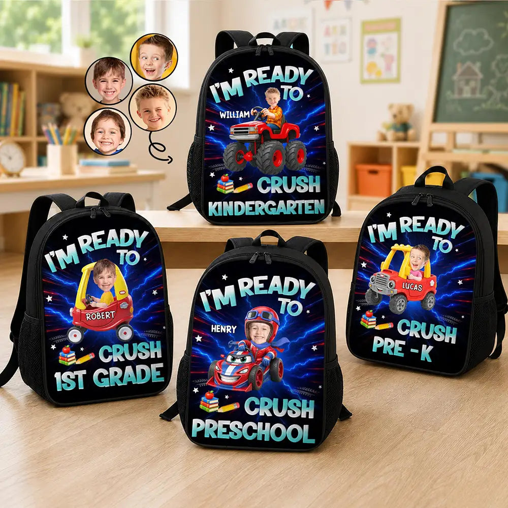 Custom Photo Kid Riding Truck Car Ready To Crush Kindergarten - Personalized Kids Backpack