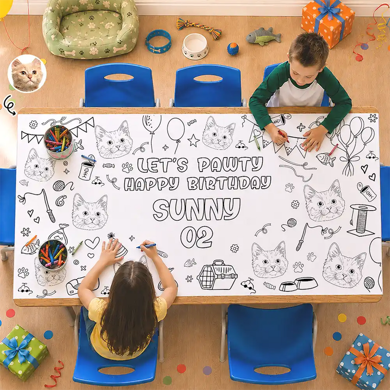 Art Design,Playful,Back To School,Pet Lovers,Photo - Outline Sketch,Icon - Custom Photo Let's Pawty Dog Cat Birthday Outline Sketch - Personalized Coloring Tablecloth